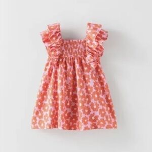 Zara Kids Girls Pink Red Floral Print Ruffle Dress Size 3-4 Years
